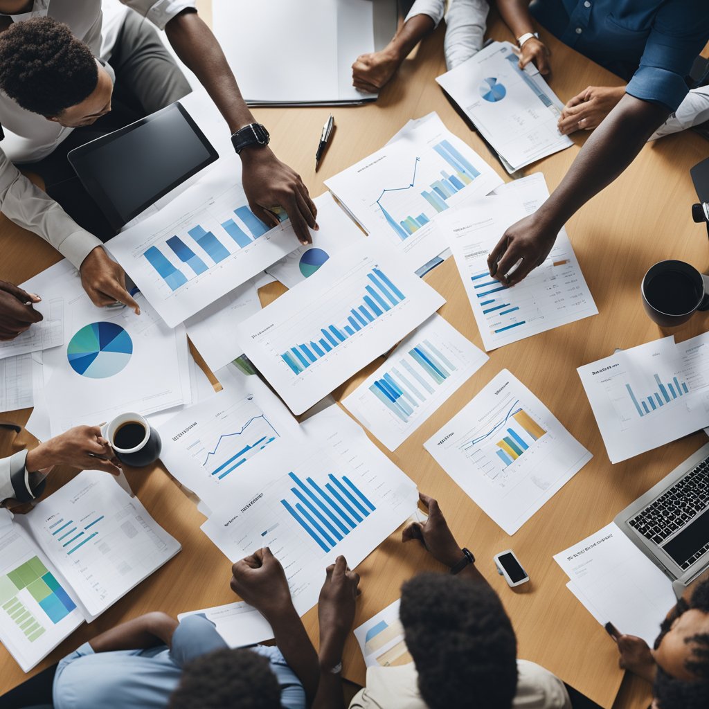 Um grupo de indivíduos diversos se reuniu em torno de uma mesa, fazendo um brainstorm e elaborando estratégias para o empreendedorismo social. Gráficos e tabelas estão espalhados, com uma sensação de colaboração e determinação no ar.