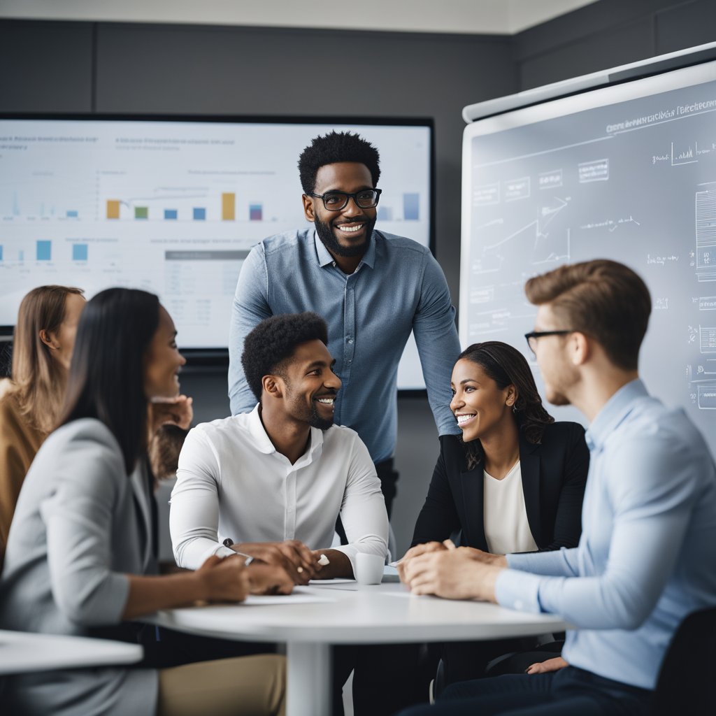 Um grupo de indivíduos diversos se reuniu em torno de uma mesa, discutindo e fazendo um brainstorm de ideias para empreendedorismo social. Gráficos e tabelas estão exibidos em um quadro branco, indicando planos de investimento estratégico.