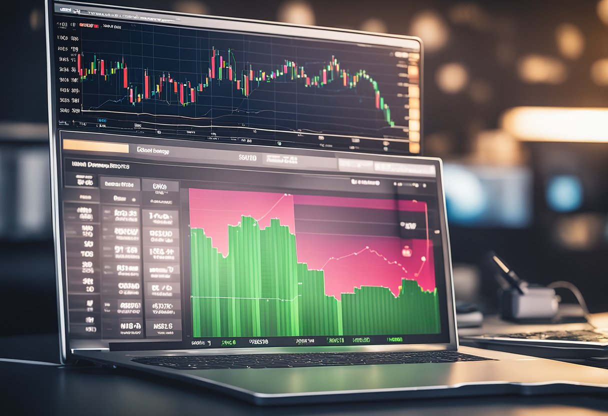 Uma tela de computador exibindo um gráfico de criptomoeda com o indicador Bandas de Bollinger, ao lado de um caderno com uma análise detalhada e uma caneta